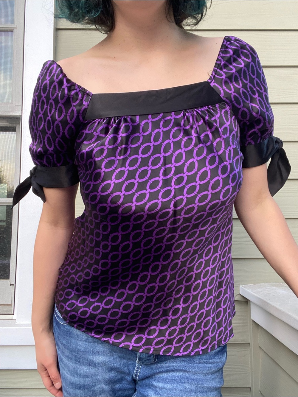 INC Y2K Silk Purple Black Patterned Square-Neck Puff Sleeve Blouse